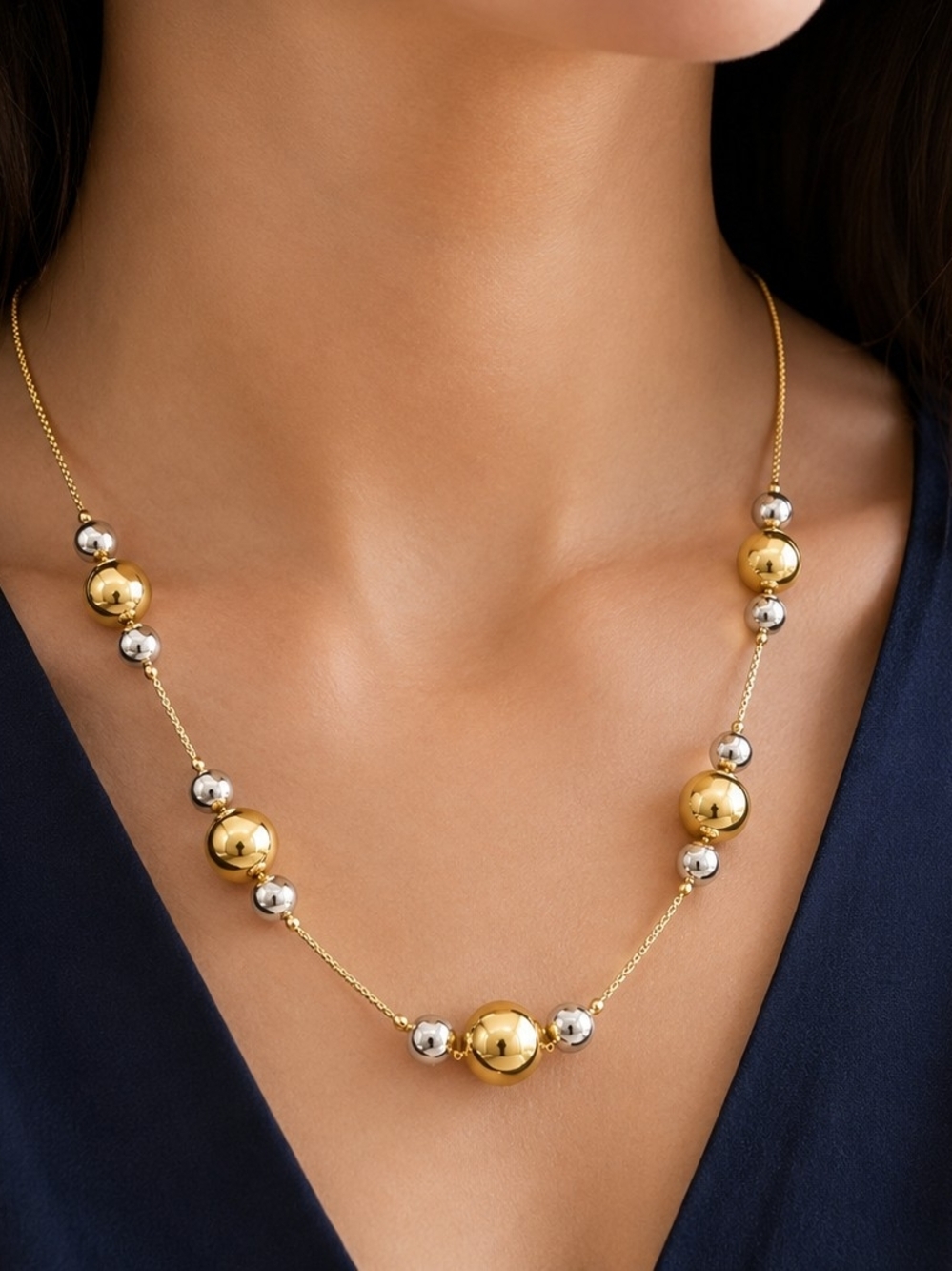 Two-Tone Gold and Silver Bead Necklace